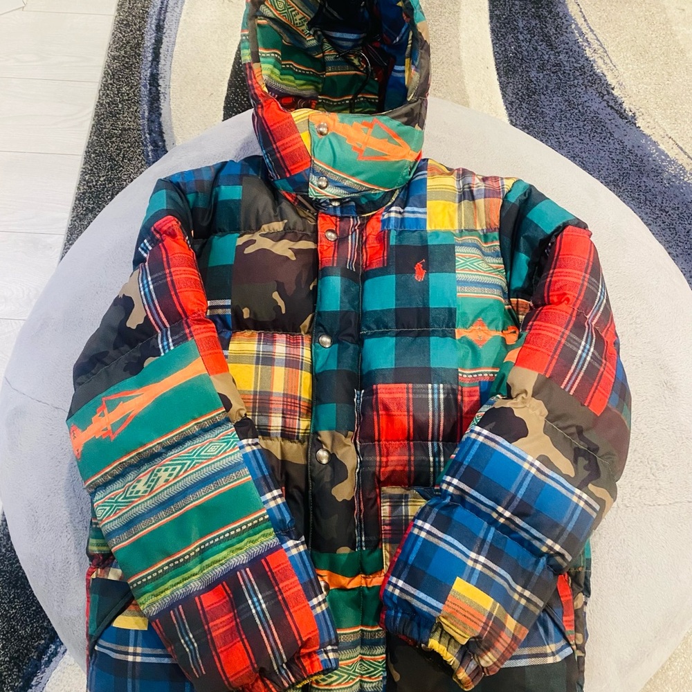 Ralph Lauren Red and Blue Puffer Color Block Patch Jacket